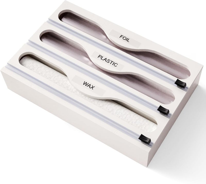 Danfoxer Wrap Dispenser with Cutter and Labels, Plastic Wrap Organizer For Kitchen,Bamboo 3-in-1 Wrap Dispensers for Cling Wrap Aluminum Foil and Wax,Storage Organization Holder（White） - Image 1